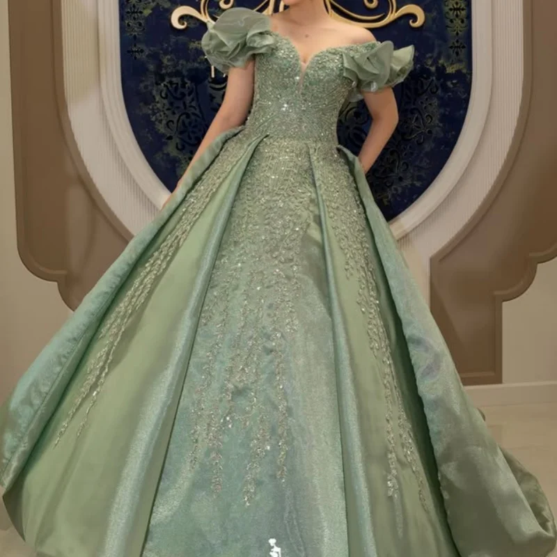 

Shiny Olive Green Quinceanera Dress Glitter Crystal Decal Lace Long tail beading Vestidos De 15 Quinceanera ﻿Customize