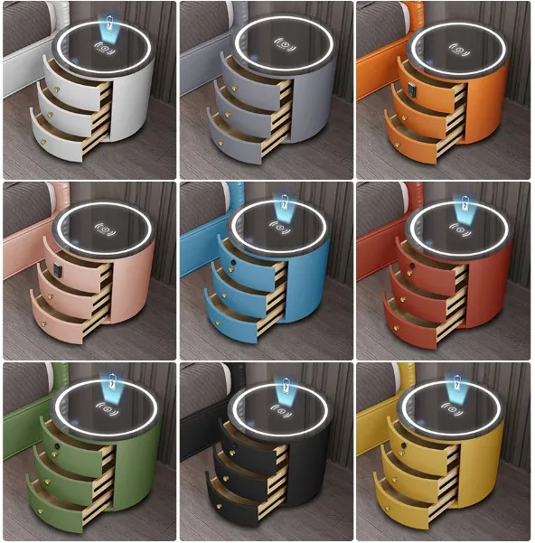 طاولة بجانب السرير مستديرة فاخرة مع مكبرات صوت بقفل بصمة الإصبع وشحن لاسلكي وطاولة جانبية متعددة الألوان