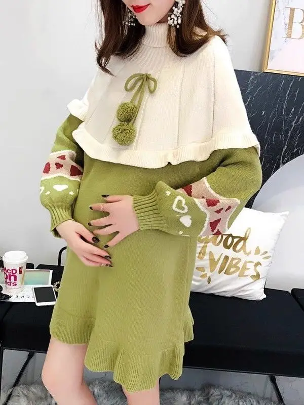 Sweet Knitted Sweater Maternity Short Skirt A-Line Dress Women Soft Cozy Autumn Winter Fashion Casual Style High Collar Long ...