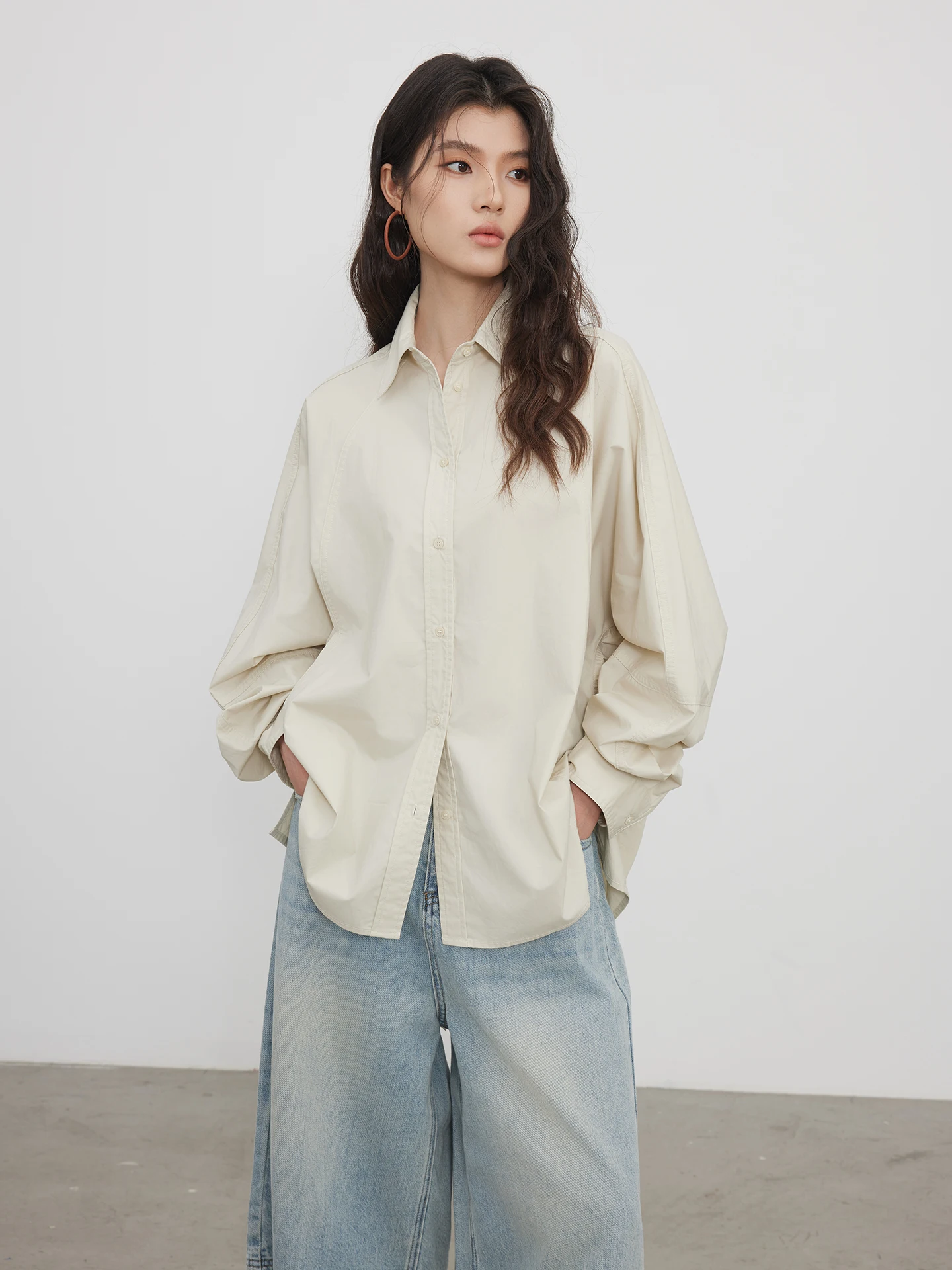 

KEARA Light Peach Grey Long Sleeve Loose Fit Shirt Women's Spring Fashion High-End Lightweight Anti-Aging Top Open Cardigan