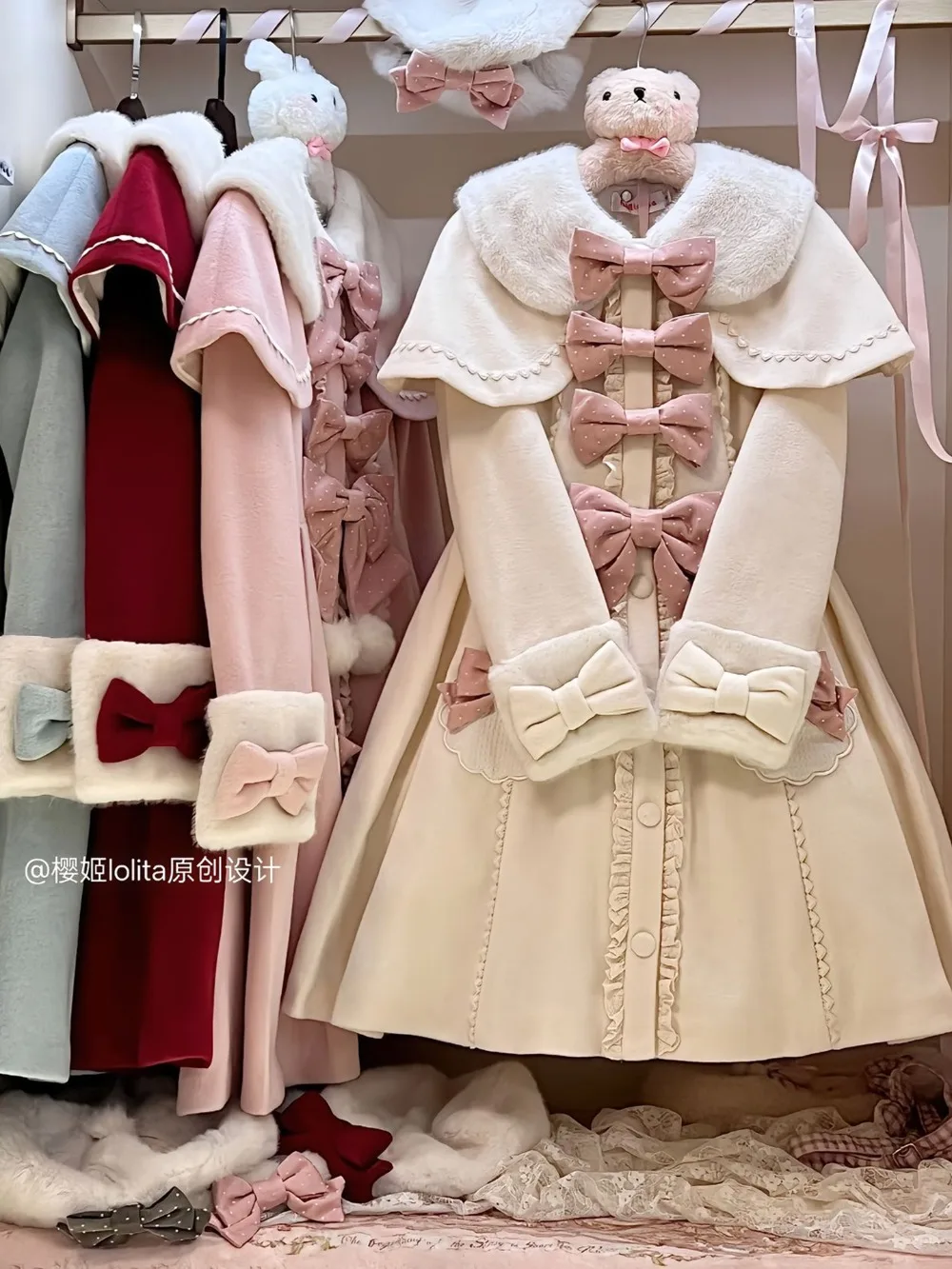 الشتاء أنيقة الحلو لطيف فتاة لوليتا القوس منتصف طول معطف الصوف عالية الخصر التخسيس معطف طويل و كيب قطعتين مجموعة #2