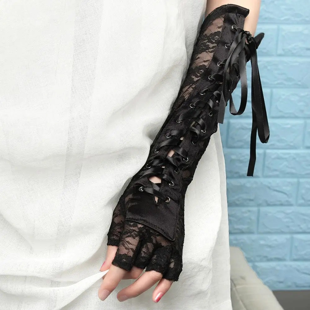 

1 Pair New Fashion Party Cosplay Fingerless Ritual Dance Lace Gloves Halloween Gloves Silk Ribbon Punk Gothic Mittens