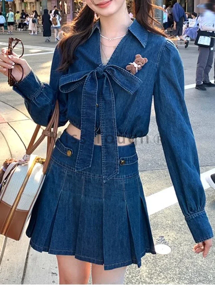 Autumn Blue Vintage Denim 2 Piece Sets Women Bow V Neck Denim Tops+Pleated A Line Chic Skirt Female Korea Fashion Chic Clothing