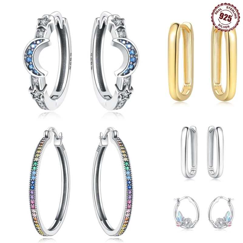 

925 Sterling Silver Simple Hoop Earrings Star Moon For Women Ear Studs Silver Fashion Jewelry For Party Wedding Engagemen Gift