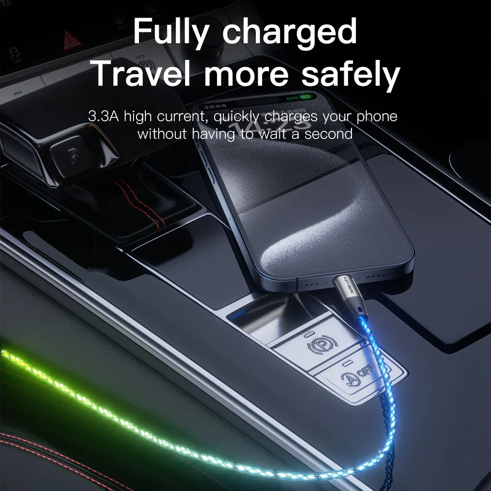 KEYSION PD 66W USB C-C Data Cable Colorful LED RGB Light Gradient Type-C Fast Charging Wire for iPhone 16 Samsung Huawei Xiaomi