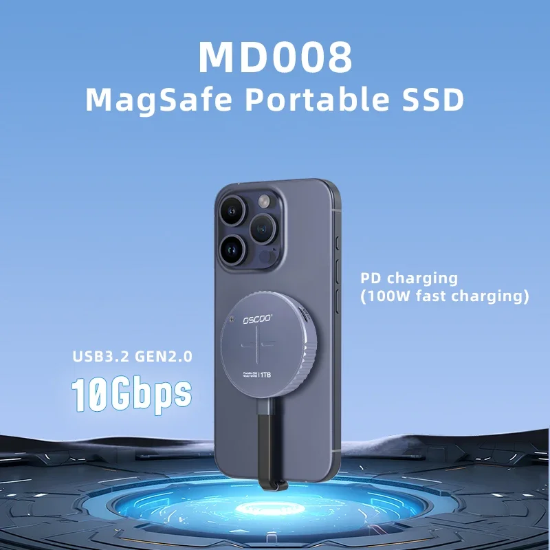 OSCOO Magsafe 휴대용 SSD 하드 드라이브, 디스코 듀로, 외장 컴퓨터 액세서리, 1TB, 512GB, C타입 USB3.2, Gen 2*1 PSSD, 10Gbps