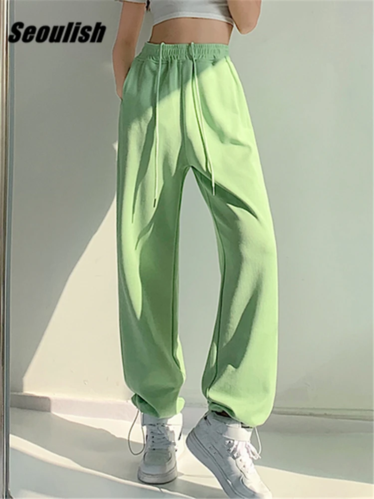 Seoulish primavera verão verde de pernas largas das mulheres corredores 2022 novo laço-up de cintura alta feminino casual solto em linha reta sweatpants