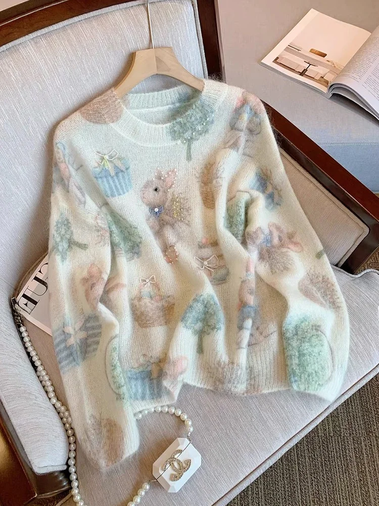 

Мягкий женский вязаный свитер Mouton с принтом Sweet Young Looking Pearl Embellied Overhead Sle Корейская версия Sle для поездок на работу