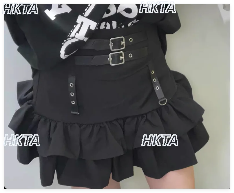 

Японская осень 2021, кожаная плиссированная юбка с пряжкой и высокой талией, тонкие черные плиссированные юбки в стиле Лолиты, готики, короткие юбки Y2k