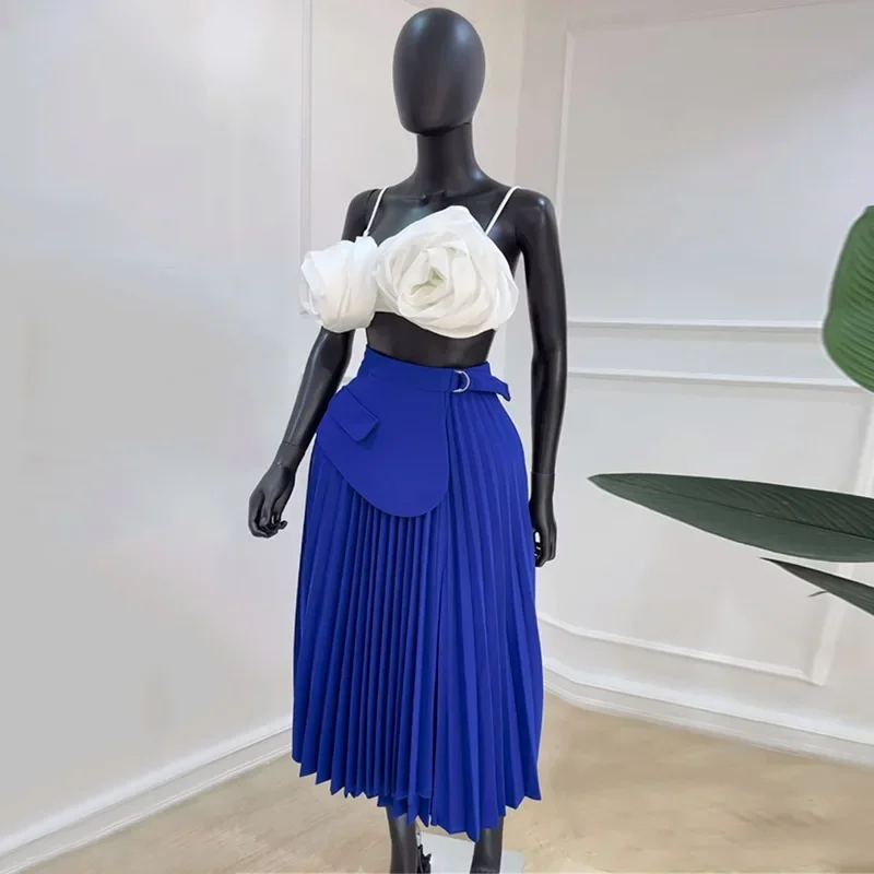 Women 2024 Summer High Waist Skirt Patchwork Belt Big Swing Pleated Long Maxi Midi Skirt Holiday OL Street Party A-Line Skirts