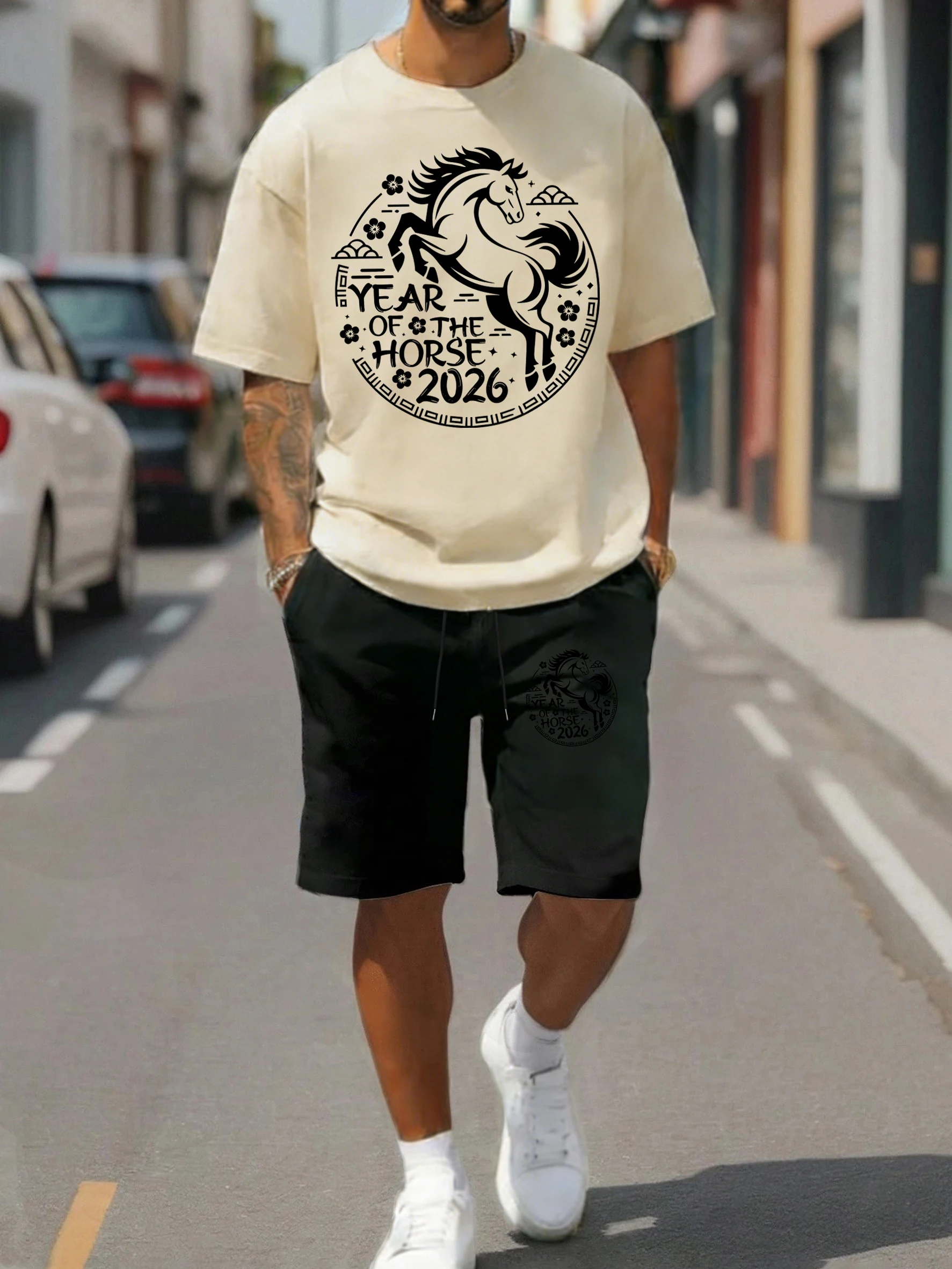 

Year Of The Horses 2026 T-Shirt Suit Men Cotton Summer Tee Drawstring Trendy Shorts Comfortable Unisex Fashion Streetsuit