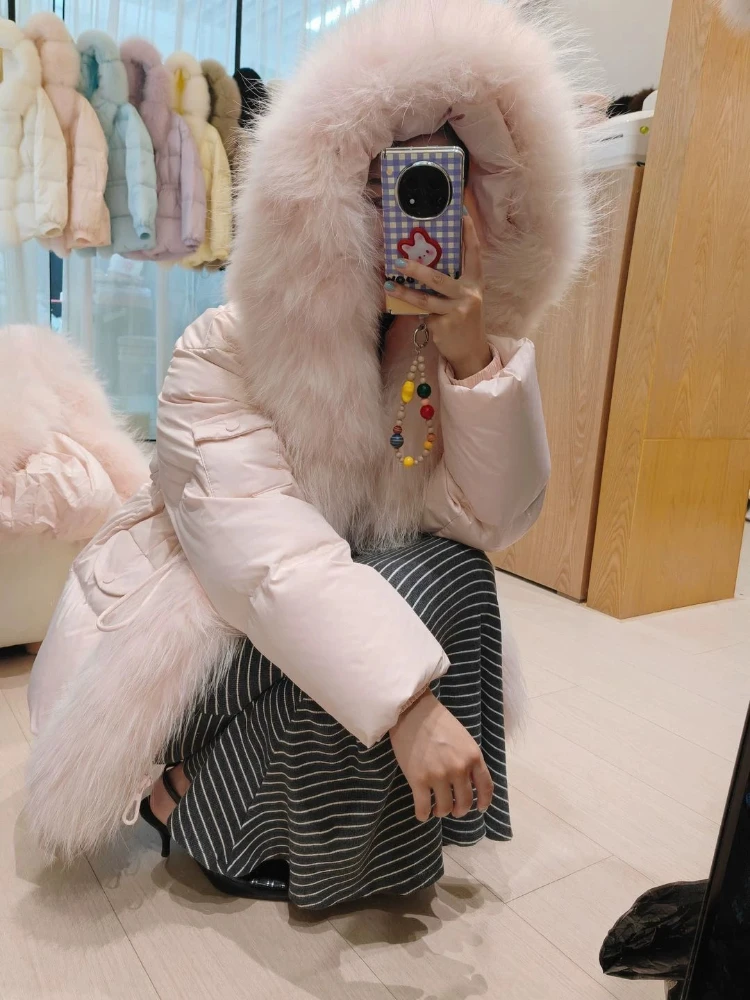 Women Winter Puffer Coat Extra Fur Hood Drawstring Waist Pockets Zip Closure Loose Warm Outerwear for Cold Weather Daily Wear