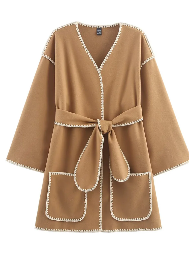

European style new women's fashion all-match temperament simple shell craft belt V-neck woolen coat
