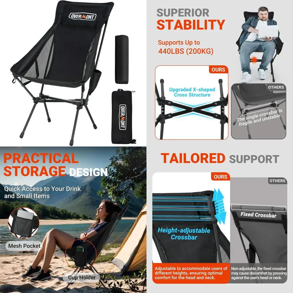 

High-Capacity Lightweight Camping Chair - 440 lbs Support, Oversized for Adults, Compact with Detachable Pillow, Ideal for Outdo