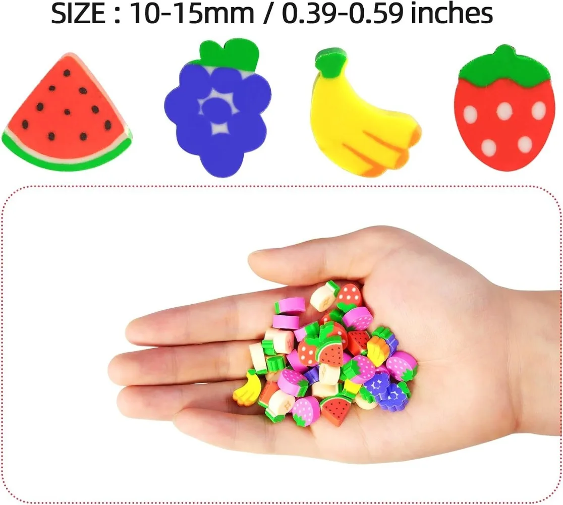 300Pcs Mini Erasers Assortment Fruit Mini Toys for Kids Pencil Erasers Assorted Novelty Erasers Children's Day Gift