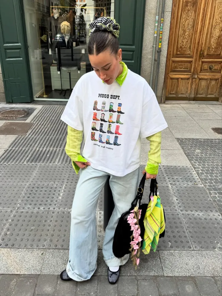 JHYF American Retro Vintage Design Various Boots Print Loose Short Sleeve T-Shirt Women's Street Style Oversize Cotton Summer