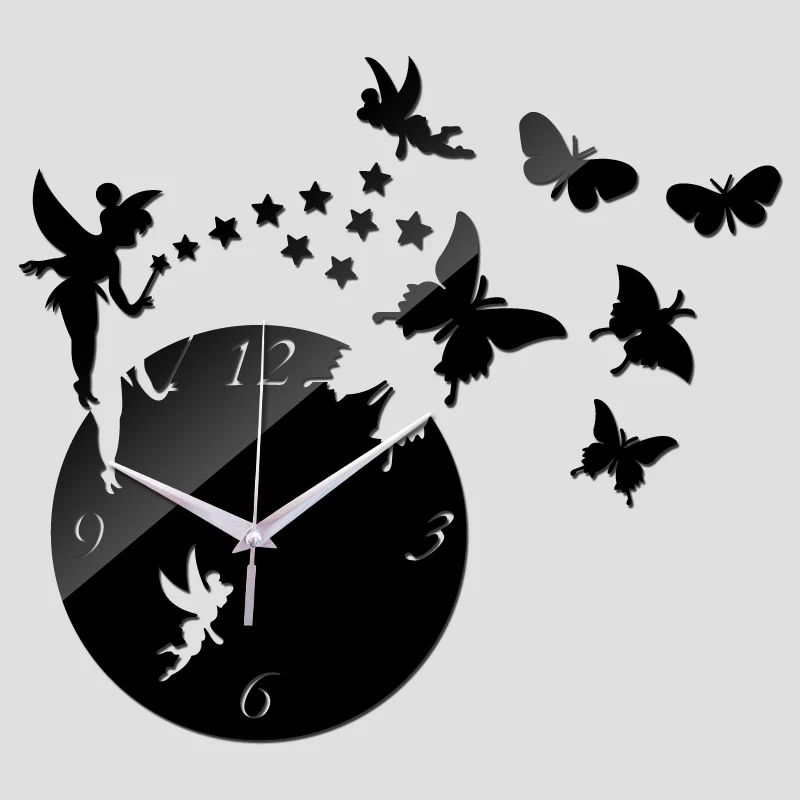 

DIY Stick Girl's Room Watch wtih Stars Butterflies Angels 3D Modern Wall Clock Cartoon Acrylic Mirror Sticker Living Home Decor