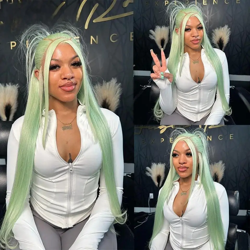 

Light Mint Green Straight 13x4 Frontal Human Wig Pre Plucked 613 Colored Bone Straight Transparent Lace Front Wig For Women