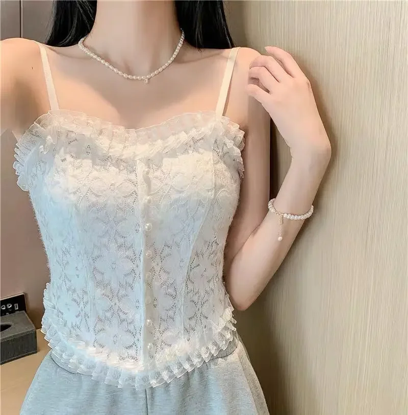 2024 Summer New Korean Sexy Sleeveless Lace Short Top Vest Retro Corset Casual Lace Vest