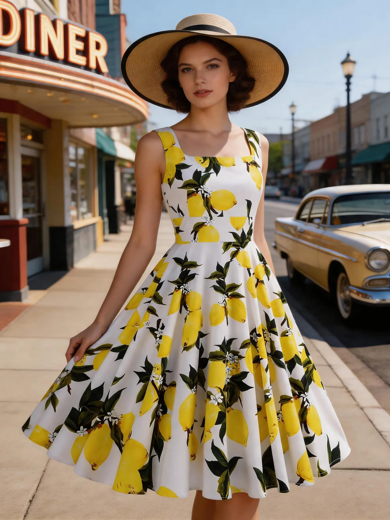 Tonval Lemon Print 40s 50s Pinup Vintage Women Cotton Dresses Square Neck Summer Sleeveless High Waist Elegant Party Dress