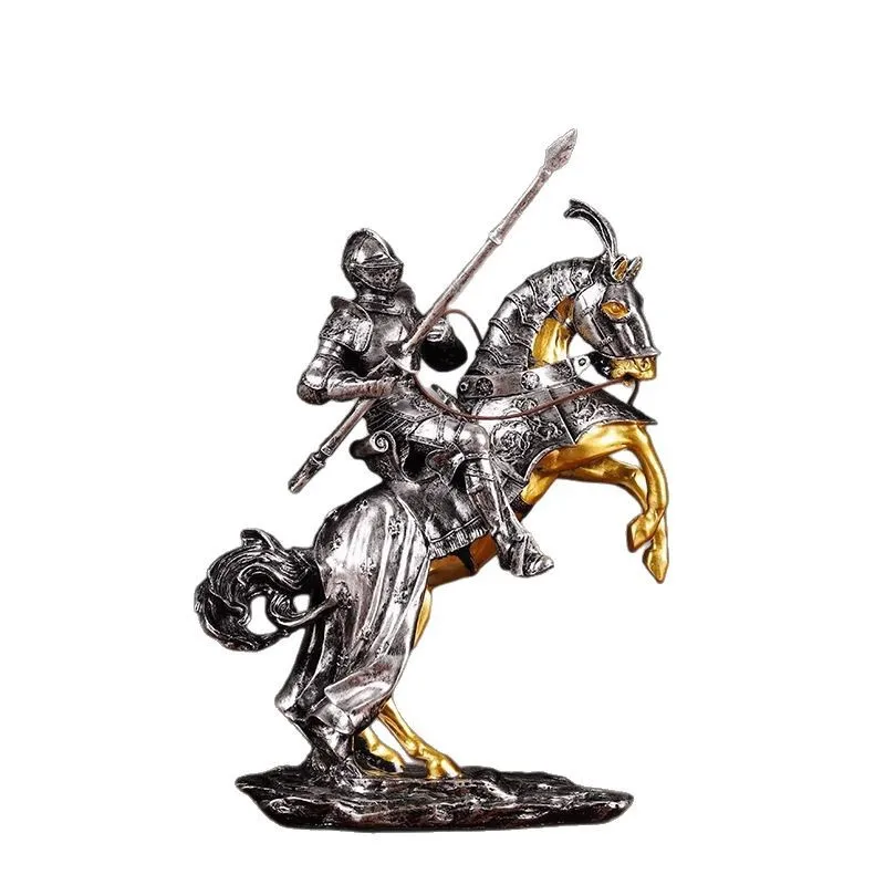 Vintage Armored Knight & Horse Resin Statue, Success Symbol Ornament, Living Room Office Decor, Business Opening Gift