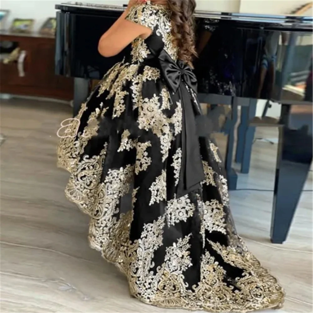 Black Gold Lace Flower Girl Dress For Wedding Short Sleeve Fluffy Tulle Princess Birthday Ball Gowns First Communion Dress