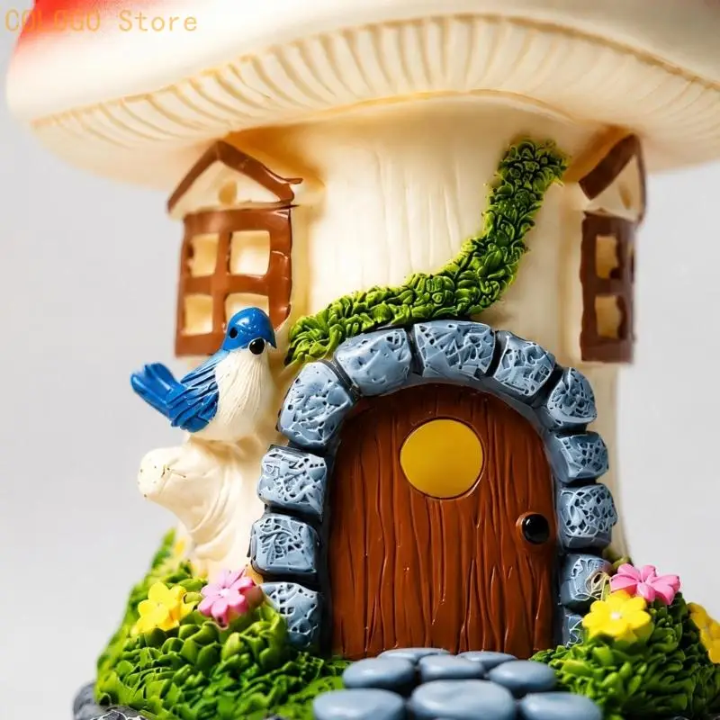 Solar Garden Light with a Hand- Red-and-Cream Mushroom House, Automatic Evening Glows for Garden, Porch, Balcony, Backyard, and