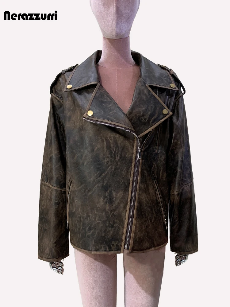 Nerazzurri Spring Autumn Vintage Washed Distressed Soft Pu Leather Motorcycle Biker Jacket Women Luxury Designer Clothes 2024