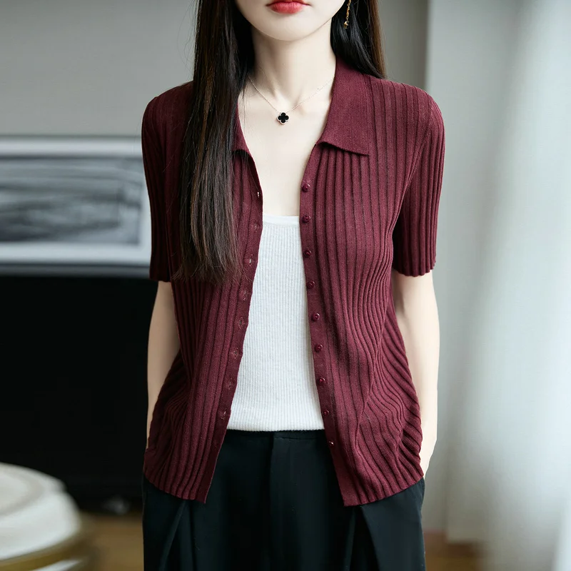 

Women Knitting Tencel Linen Blend Cardigan Vertical Stripe Style Sweater Flip Neck Half Sleeve Solid Color High Quality Loos Top