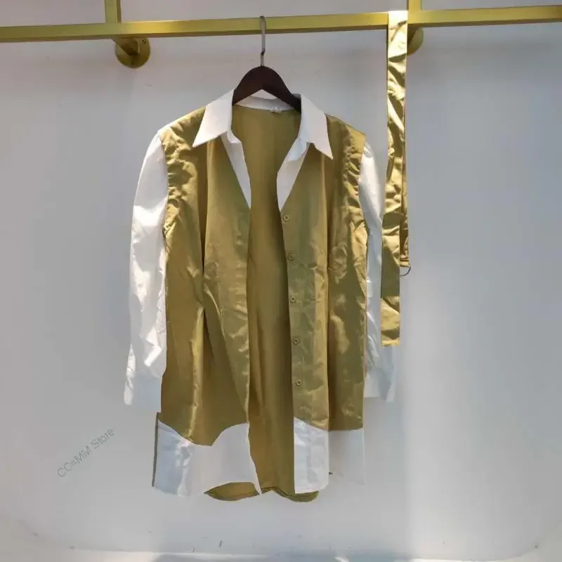 Koreanische Chic Revers Schwarz Weiß Kontrast Nähte Gefälschte Zwei-stück Spitze Up Taille Geschlossene Blase Hülse Hemd Kleid Frauen