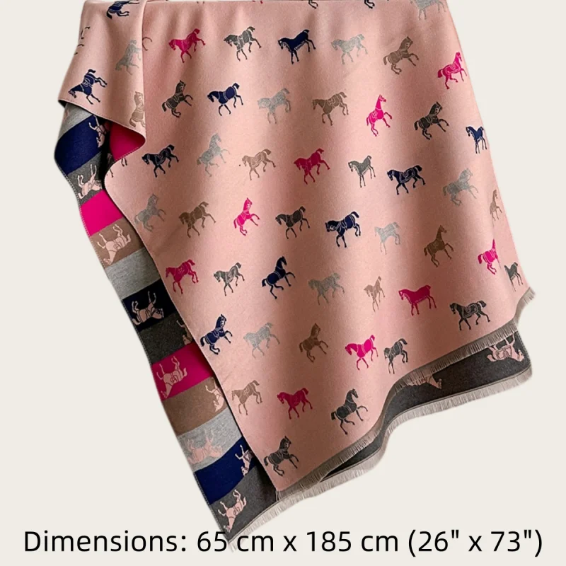 65x185cm 3 Colors Available Elegant Equestrian Horse Pattern Scarf Women Double sided Warm Shawl with Tassels Retro Stripe Wrap 