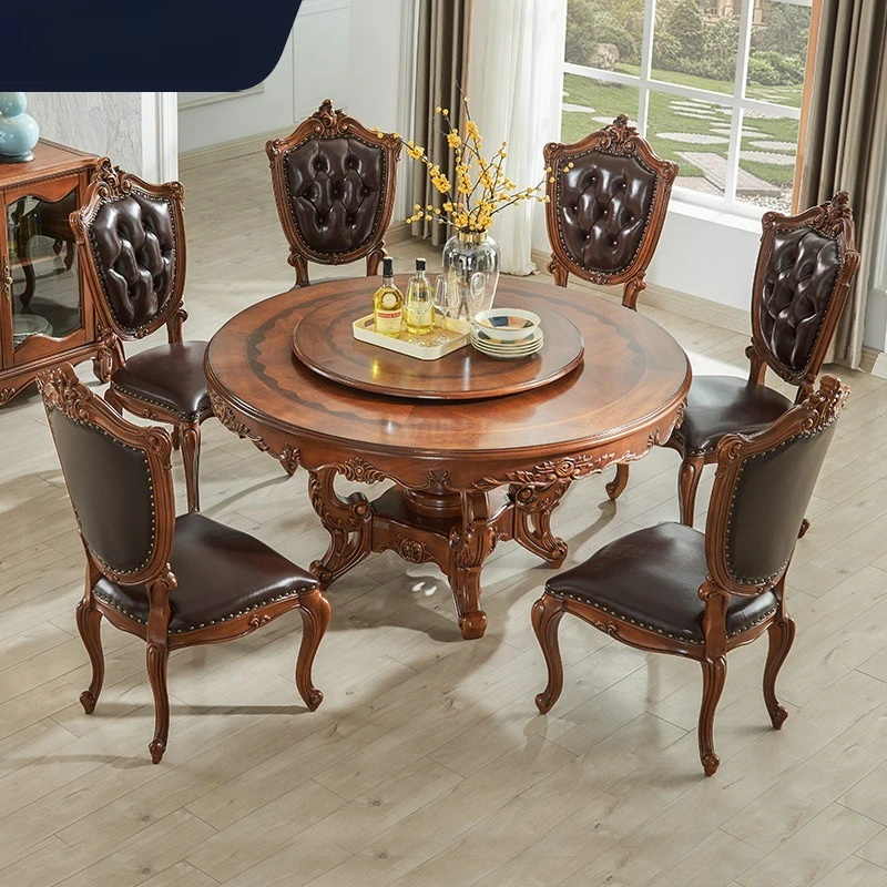 

Customizable American country solid wood dining table and chair combination household European round with turntable rotatable