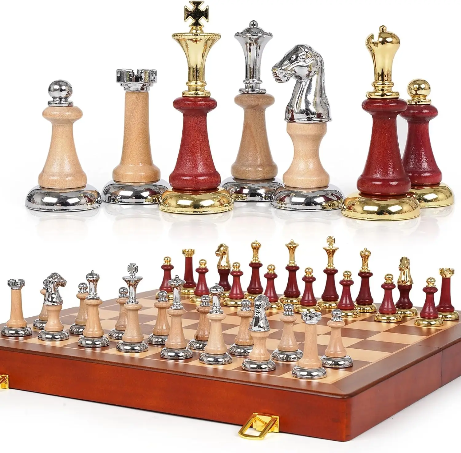 

17 Inch Wooden Chess Set with Metal Pieces, 2 Extra Queens, Classic Strategy Board Game for Adults Kids Beginners