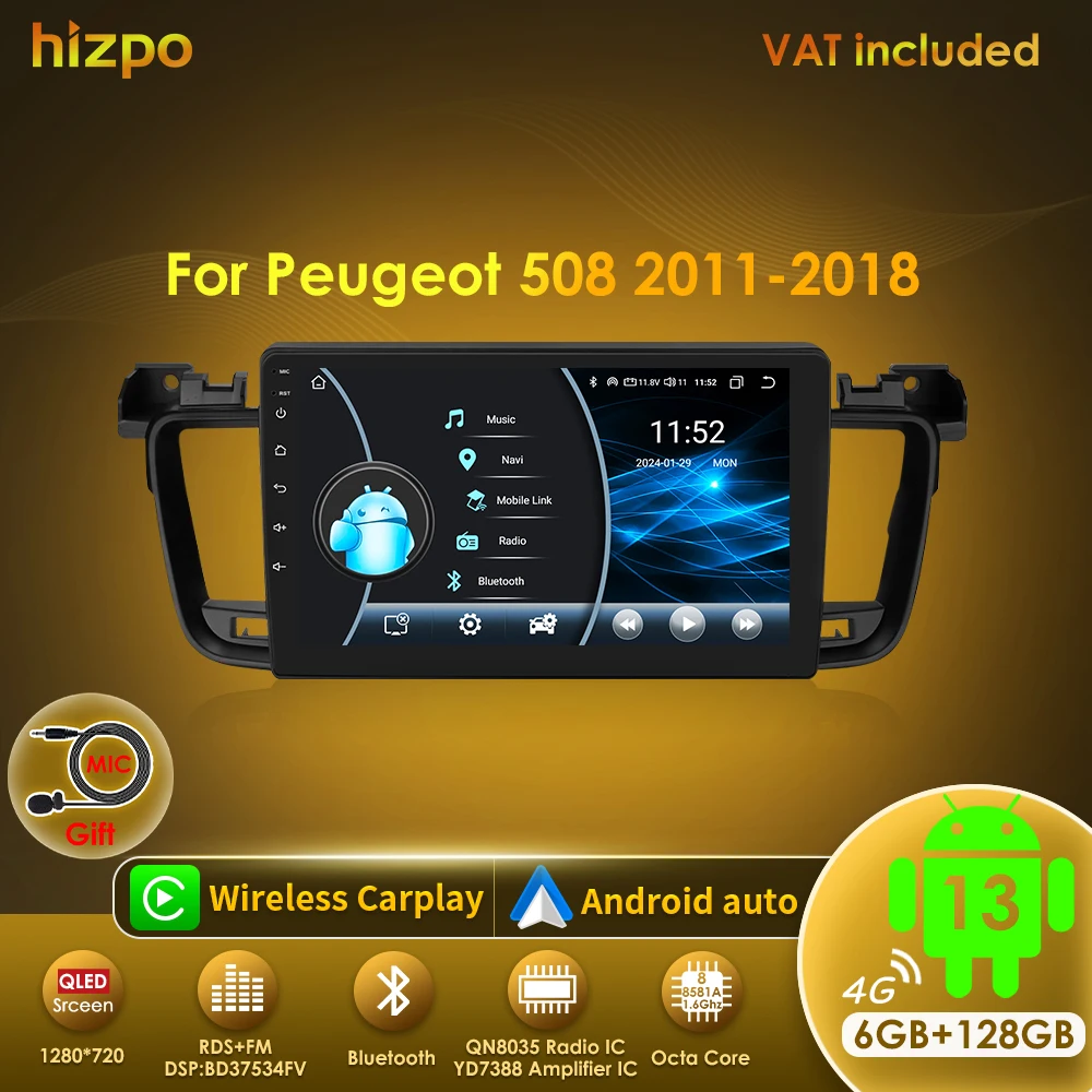 Hizpo Car Intelligent Systems Radio For Peugeot 508 508SW 2011 - 2018 Wireless CarPlay Android Auto Multimedia No 2 din 2din DVD