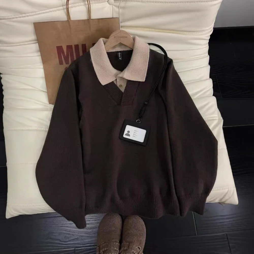 

American-Style Faux Two-Piece Patchwork Turn-Down Collar Knitted For Men, Autumn And Winter Korean-Style Solid Color Simple
