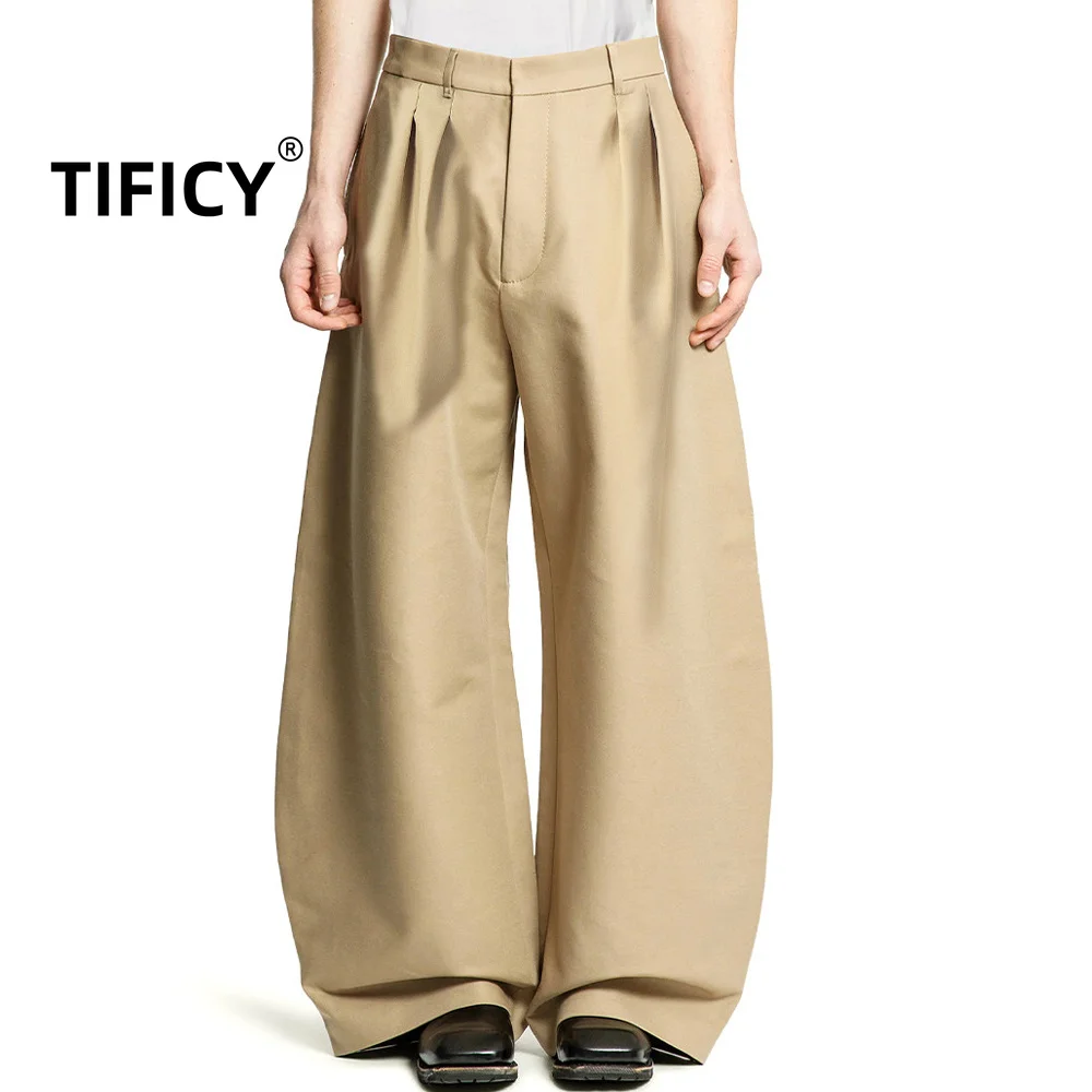 High Street Khaki Men's Ruffled Wide Leg Trousers Long Pants Silhouette Curved Knife Casual Fashion Pants