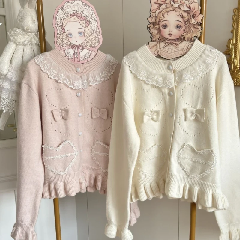 

Японский вязаный кардиган Kawaii Lolita, женский милый кружевной лоскутный короткий свитер с круглым вырезом и бантом, Harajuku Y2k, джемперы с длинными рукавами