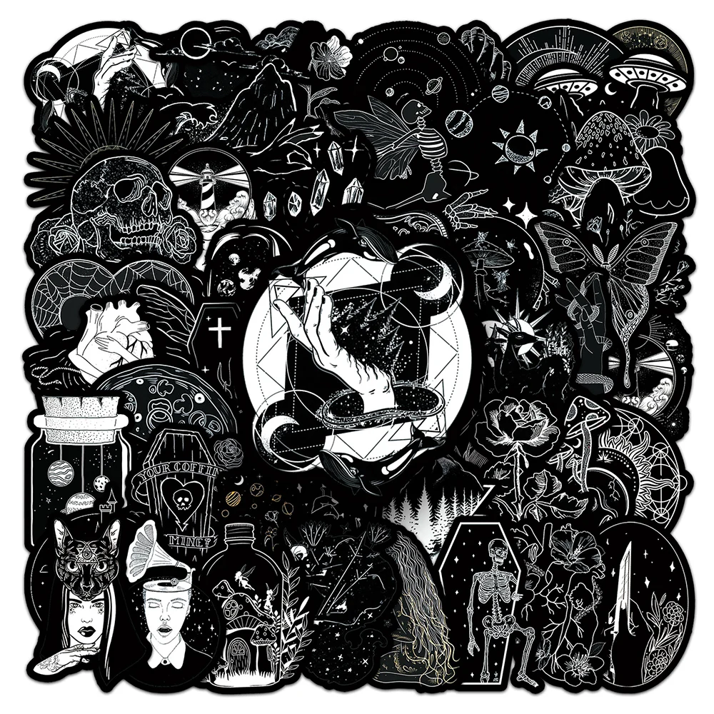 10/30/50 pçs horror escuro preto branco gótico crânio graffiti adesivos diy portátil bagagem capacete legal dos desenhos animados decalques à prova dwaterproof água brinquedos