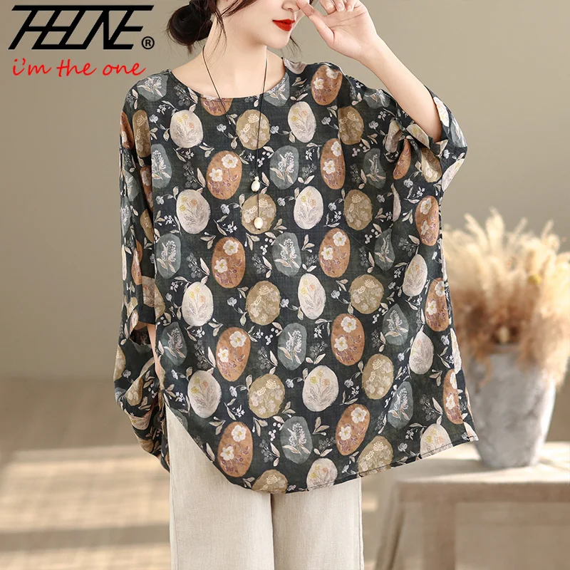 THHONE Blusa de Moda para Mujer Tallas Grandes, Estampada, Holgada, de Algodón y Lino, Casual, con Manga Murciélago, Cuello Redondo, Blusa Oversize