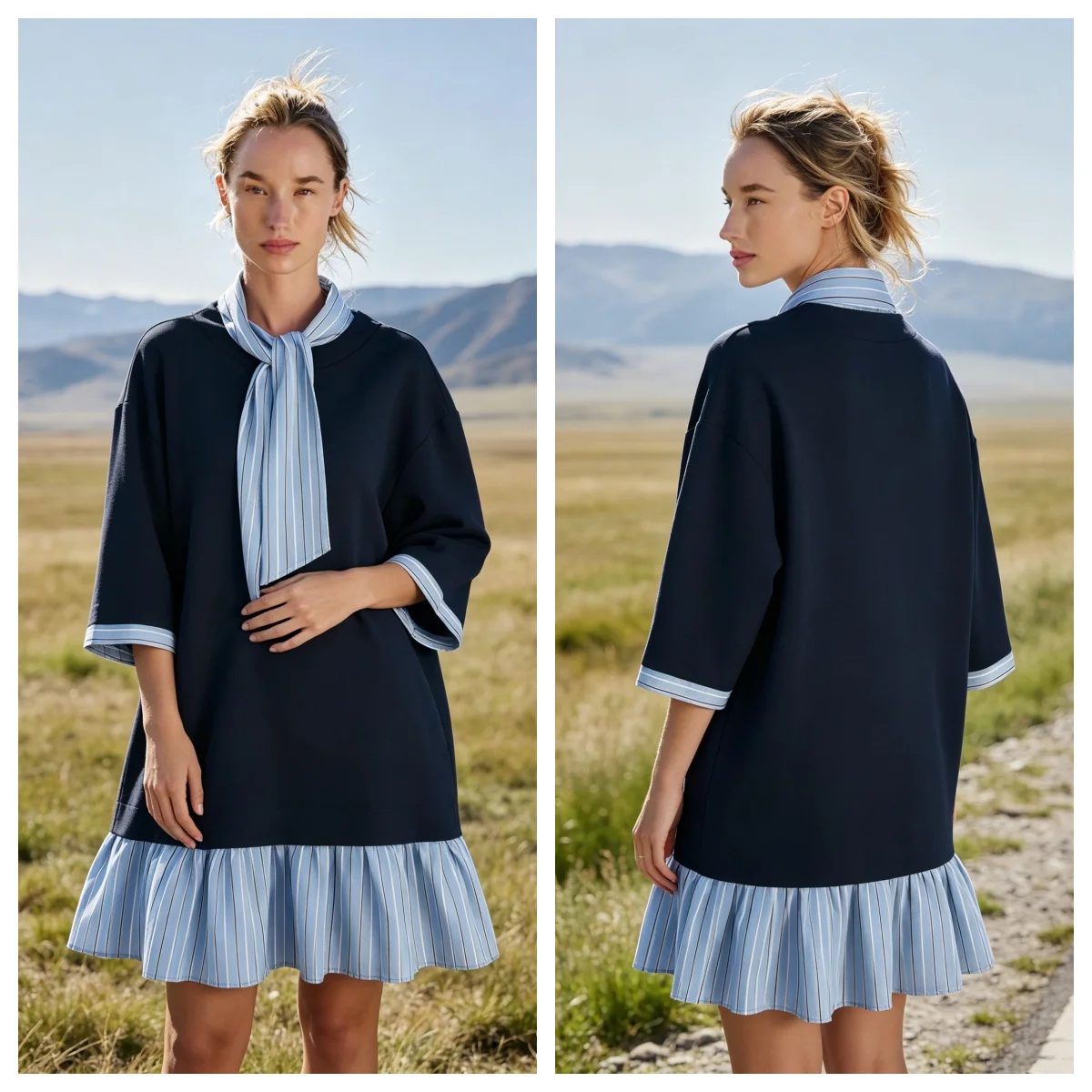 2026 Autumn New Women Bow Tie Neck Patchwork Mini Dress Elbow Sleeve Contrast Striped Ruffle Hem Loose Casual Shirt Dress