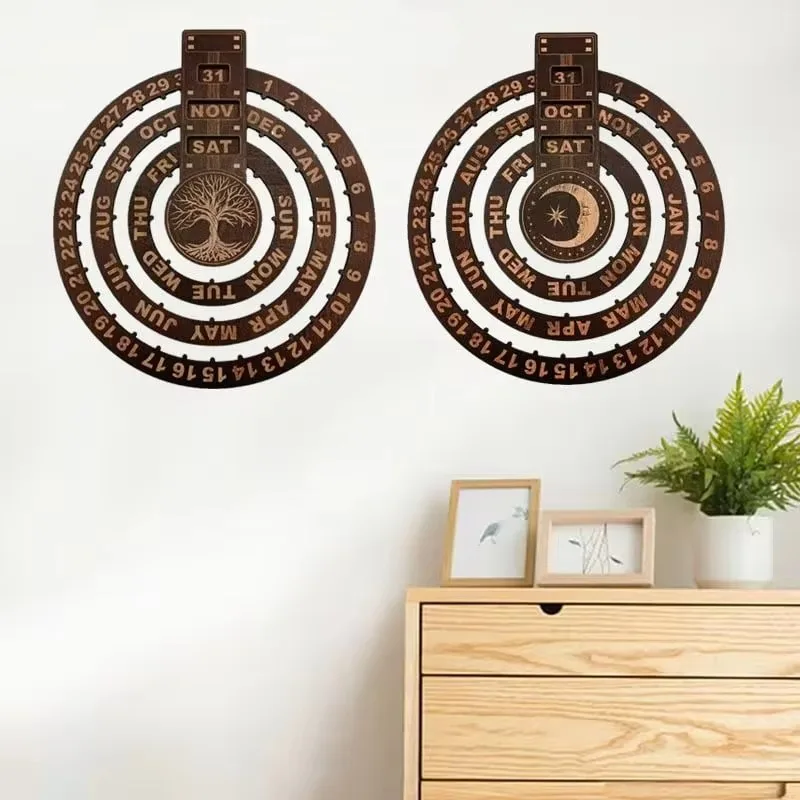 Wooden Rotating Circular Perpetual Calendar  Creative Wall Hanging Round Wall Calendar Wooden Calendar Decorative Pendant