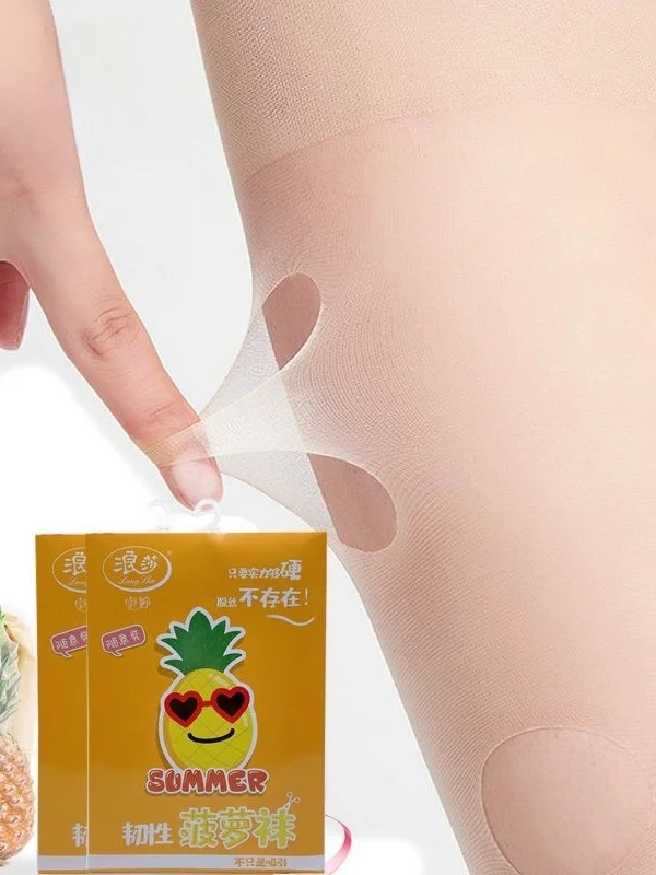 Meias-calças Femininas Ultrafinas de Verão com Estampa de Abacaxi, Anti-desfiamento, Cor Carne, de Seda, para Camada Base, com Corte Livre