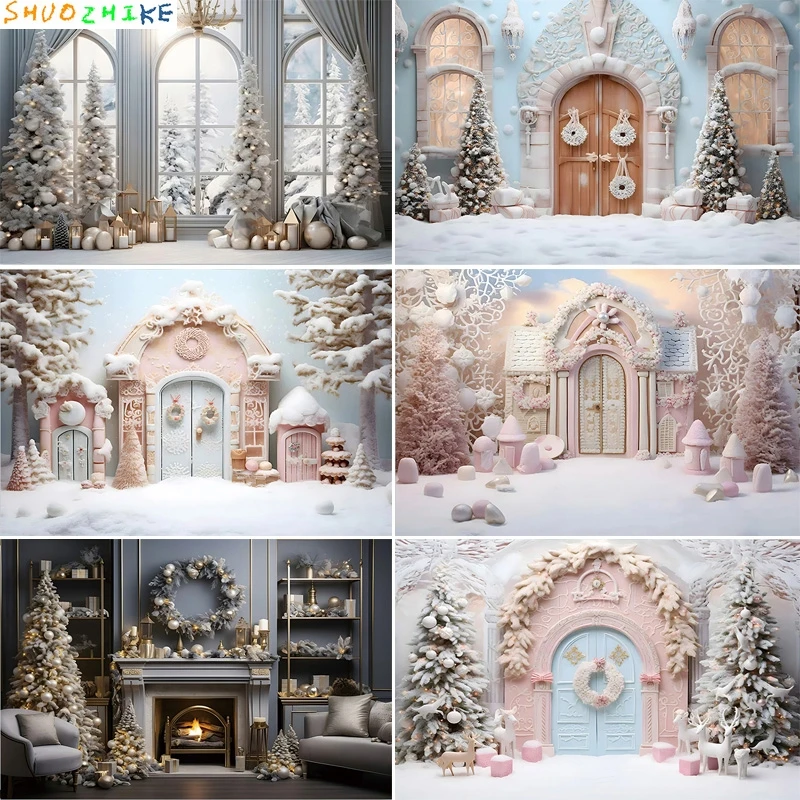 Dia de natal fotografia cenários prop festa de ano novo decoração árvore de natal janela doces flocos de neve foto fundo BR-01