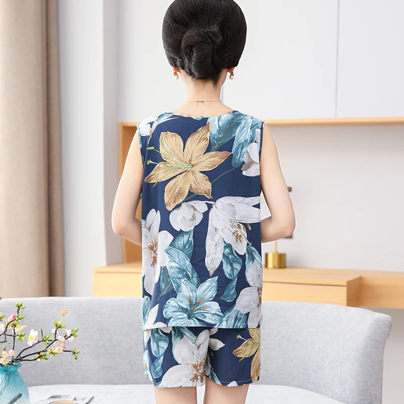 Summer Women's Sleepwear Floral Print Pajamas Women Knited Cotton Pajama Set Vest Pijama