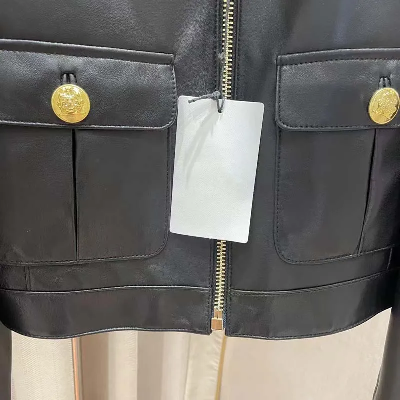 Casaco feminino com gola com o pescoço, roupa de comprimento curto, dois bolsos grandes, manga comprida, moda luxuosa, novo, primavera, 2022