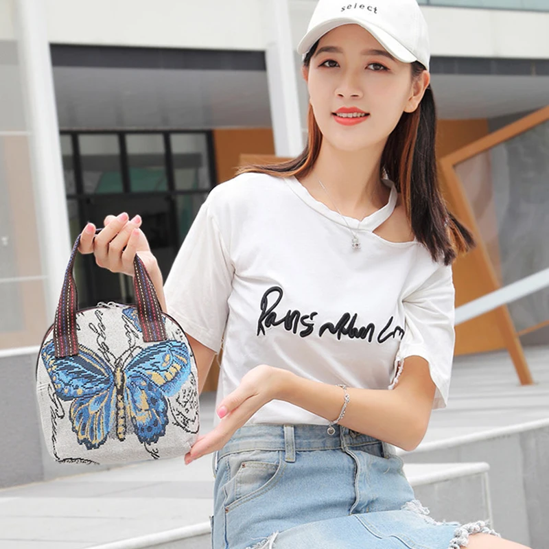 Butterfly Embroidery Top Handle Bag Small Phone Storage Purse Women's Woven Handbag With Zipper Canvas Handbag