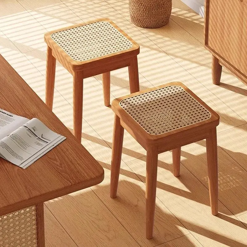 

Табурет из массива дерева и плетеного ротанга, штабелируемый, в стиле середины века, квадратное сиденье для дома, дополнительное место для гостей