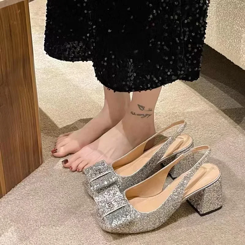 Mary Jane High Heels Women's Summer New Bow Sequin One line Strap Thick Heels Back Air Sandals