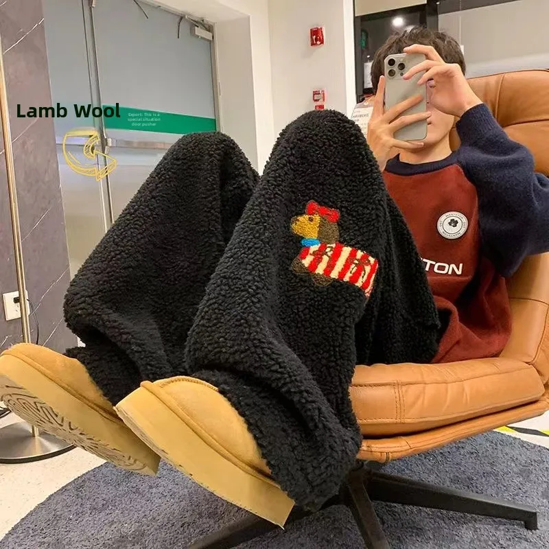 

Embroidered Fleece Lined Thickened Casual Straight Leg Pants Women's Autumn Winter Warm Leisure Sheepskin Long Trousers