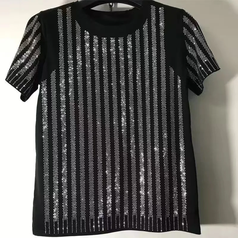 L-6X Hot drill t-shirt style Rhinestones men\'s short sleeve top quality man heavy industry T-shirt